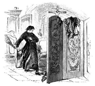 Pappi piiskaa katuvaa koivulla, n. 1876 tekijältä Unbekannt