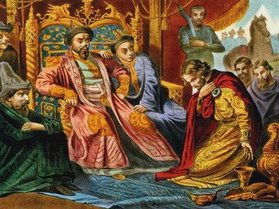 Prinssi Aleksanteri Nevski anomassa Batu Khanilta armoa Venäjälle, 1800-luvun loppu tekijältä Unbekannt