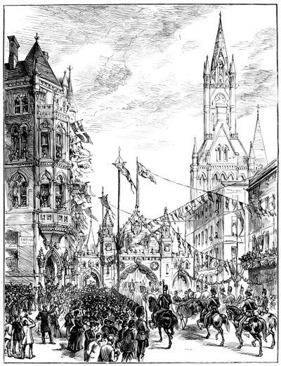 Kulkue lähestyy kaupungintaloa Manchesterissa, 1887 tekijältä Unbekannt