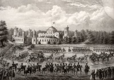 Tsaari Nikolai I:n kulkue Petrovskin palatsista Dormition-katedraaliin hänen kruunauksensa aikana vuonna 1825, 1826 tekijältä Unbekannt