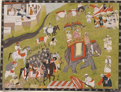 Rajan kulkue norsun selässä aseellisen saattajan ja pidikkeiden kanssa, 1800-luvun loppu tekijältä Unbekannt