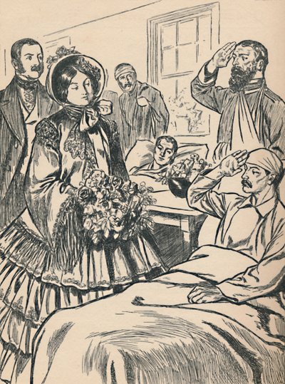 Kuningatar Victoria vierailee haavoittuneiden sotilaidensa luona, 1907 tekijältä Unbekannt