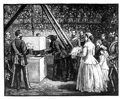 Kuningatar Victoria laskemassa Royal Albert Hallin peruskiveä Lontoossa, 1860-luku tekijältä Unbekannt