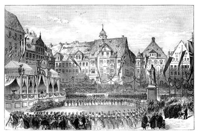 Kuningatar Victoria paljastaa prinssi Albertin patsaan Coburgissa, Saksassa, 1865 tekijältä Unbekannt