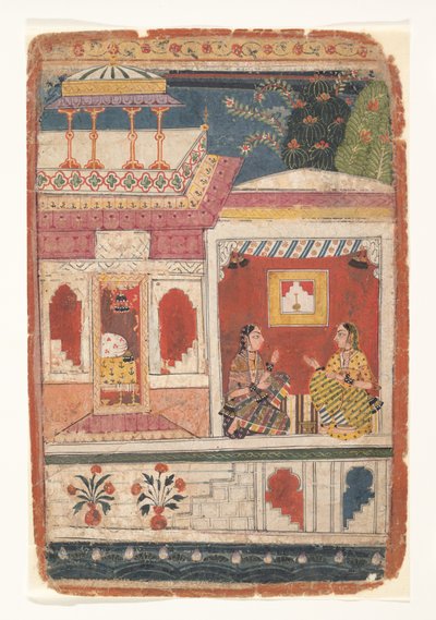 Radha ja hänen uskottunsa istuvat avoimessa huoneessa: Sivu hajallaan olevasta Rasikapriyasta, n. 1680-90. tekijältä Unbekannt