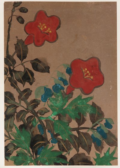 Punaiset ja siniset kukat ja lehdet, Edo-kausi, 1615-1868. tekijältä Unbekannt