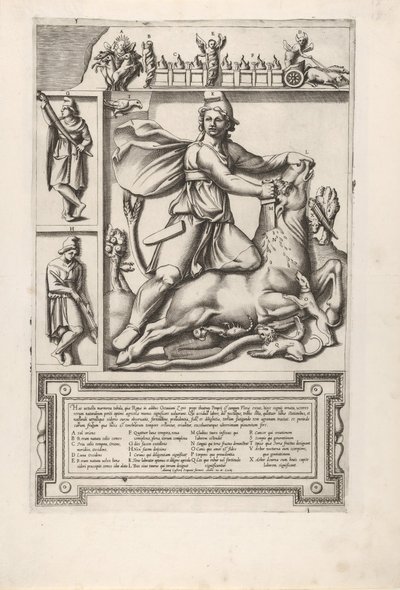 Relifi, jossa Mithras polvistuu härän selkään ja lyö miekan sen olkapäähän, vasemmalla tw..., 1564. tekijältä Unbekannt