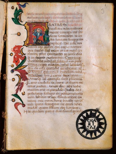 Pyhän Hieromuksen (347-420) esitys, valaistu sivu "Opuscula theologicasta". tekijältä Unbekannt