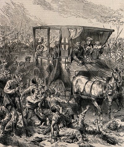 Haavoittuneiden venäläisten sotilaiden pelastaminen taistelukentältä, n. 1878 tekijältä Unbekannt