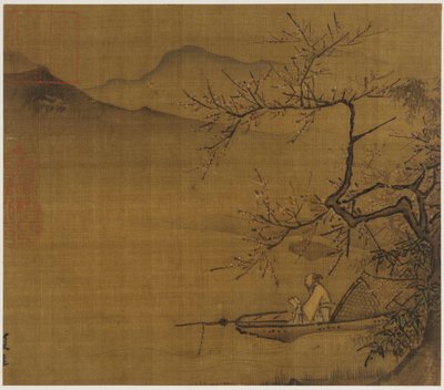 Jokimaisema: mies lukemassa kukkivan puun alle kiinnitetyssä veneessä, Ming-dynastia, 1368-1644. tekijältä Unbekannt