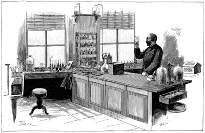 Robert Koch 1843-1910, saksalainen bakteriologi ja lääkäri laboratoriossaan tekijältä Unbekannt