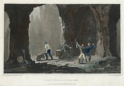 Kivisuola: Kaivostyöläiset töissä suolakaivoksessa lähellä Krakovaa, Puola, n. 1820 tekijältä Unbekannt