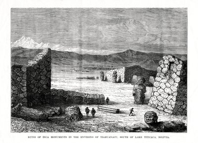 Inkamonumenttien rauniot Tiahuanacun ympäristössä, Titicaca-järven eteläpuolella, Bolivia, 1877 tekijältä Unbekannt