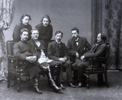 Venäläinen kirjailija Maksim Gorki Sredan keskiviikon kirjallisuusryhmässä, 1902 tekijältä Unbekannt