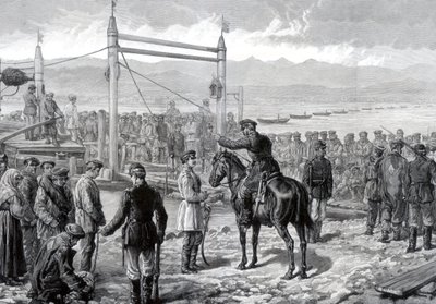 Venäläiset vangit sotilaallisen saattajan alla odottamassa lautalla Jenissei-joen yli, Siperia, 1882 tekijältä Unbekannt