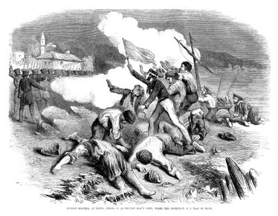 Venäläissotilaat ampuvat englantilaista venemiehistöä aselevon lipun suojeluksessa, 1855 tekijältä Unbekannt