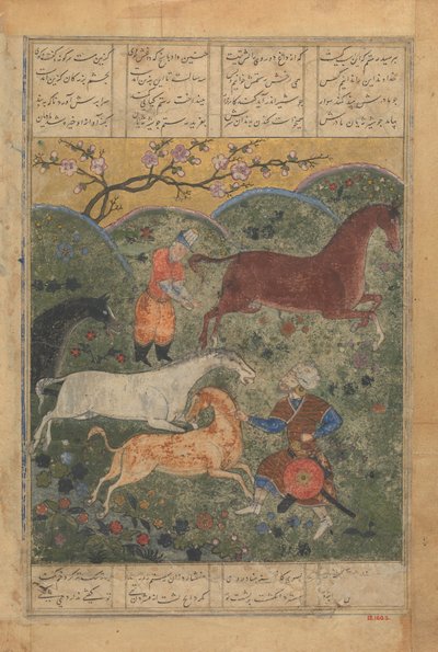 Rustam vangitsee hevosen Rakhshin, folion Shahnama Kings Bookista..., 1400-luvun loppu. tekijältä Unbekannt