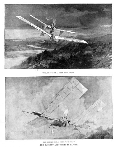 SP Langleys höyrykäyttöinen mallilentokone Lentopaikka ylhäältä ja alhaalta katsottuna, 1902 tekijältä Unbekannt