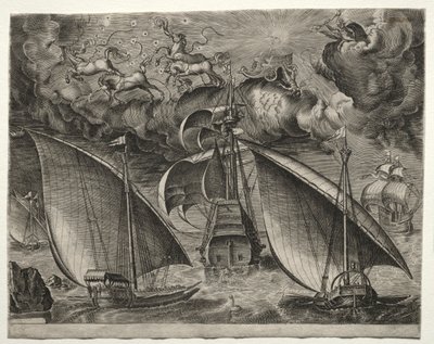 Purjealukset: Kaksi keittiötä purjehtimassa aseistetun kolmipäällikön takana Phaetonin kanssa..., 1561-65. tekijältä Unbekannt