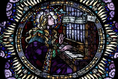 Pyhän Pietarin nuoremman katolinen kirkko. Ruusuikkuna. Sancta Cecilia, muusikoiden suojeluspyhimys. Strasbourg. Ranska. tekijältä Unbekannt
