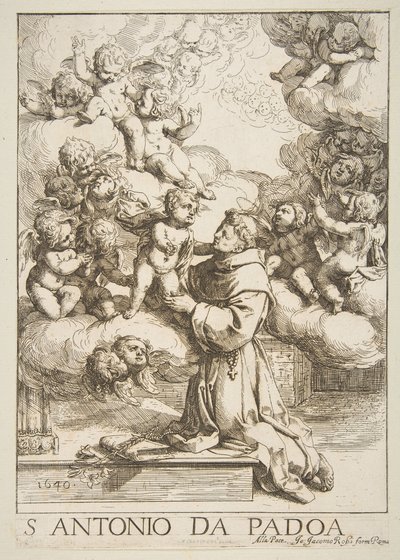 Pyhä Anthony Padovalainen palvomassa Kristus-lapsia, kopio Cantarinin mukaan, 1640. tekijältä Unbekannt