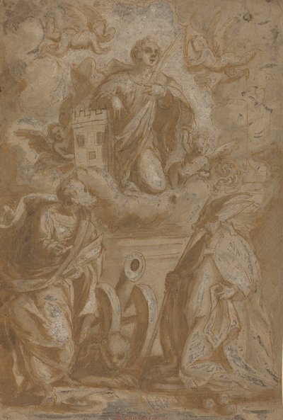 Saint Barbara in Glory pyhien Nikolauksen ja Hieromuksen kanssa, 1500-luvun toinen puoli. tekijältä Unbekannt