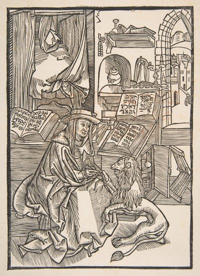 Saint Jerome irrottaa piikkia leijonien jalasta, Lyons 1508 copy.n.d. tekijältä Unbekannt