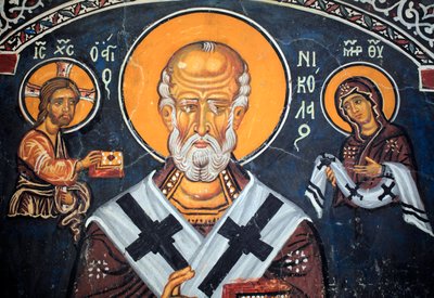 Pyhä Nikolaus ympäröi Kristuksen ja Marian bysanttilainen fresko 1300-luvulta (1332) Nathex, eteläseinä Phorbiotissan Neitsytkirkko, Asinou Unescon sivusto Troodosin alue, Kypros tekijältä Unbekannt