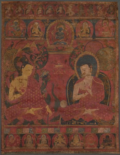 Sakyamuni opetuslapsi Thangkan kanssa, 1300-luku. tekijältä Unbekannt