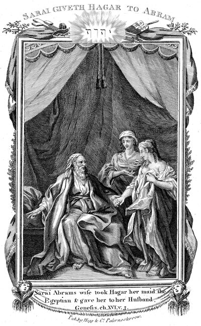 Saara, Abrahamin vaimo, on hedelmätön, ja tarjoaa Hagarin palvelijattarensa miehelleen, v. 1804 tekijältä Unbekannt