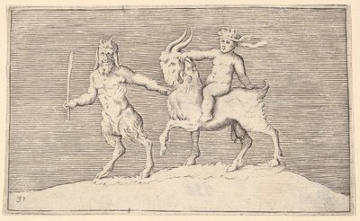 Satyr Leading Goat, jolla Infant Rides, julkaisi n. 1599-1622. tekijältä Unbekannt