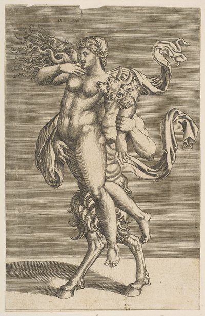 Satyr kantaa nymfiä pidätellen oikeaa käsiään, n. 1515-1600. tekijältä Unbekannt