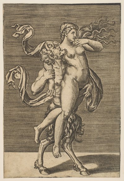 Satyr kantaa nymfiä pidätellen oikeaa käsiään, n. 1515-1600. tekijältä Unbekannt