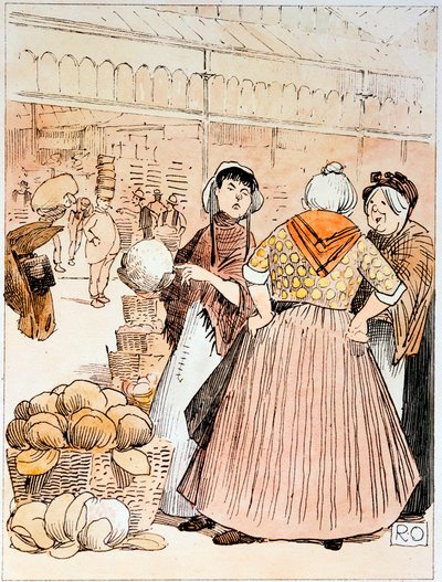 Kohtaus Covent Gardenin hedelmä- ja vihannesmarkkinoilla Lontoossa 1900-luvun alussa tekijältä Unbekannt