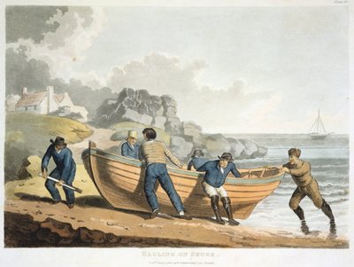 Merimiehet nostamassa klinkkerivenettä rantaan, 1821 tekijältä Unbekannt
