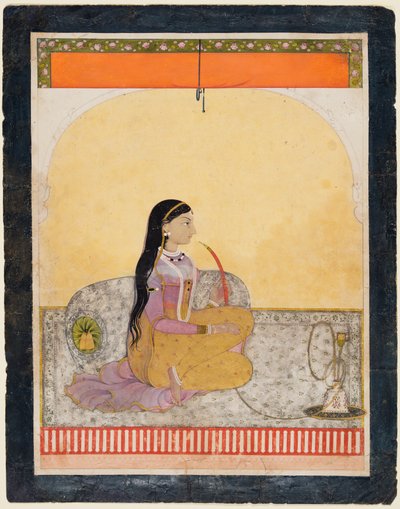 Istuva nainen polttaa vesipiippua, c. 1780. tekijältä Unbekannt