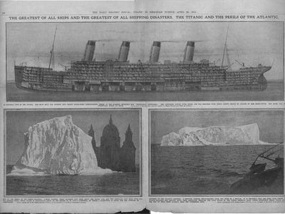 Poikkileikkauskaavio Titanicista ja jäävuorista, 20. huhtikuuta 1912. tekijältä Unbekannt