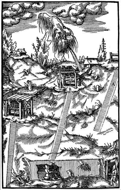 Poikkileikkauskuva saksalaisesta kaivoksesta, 1556 tekijältä Unbekannt