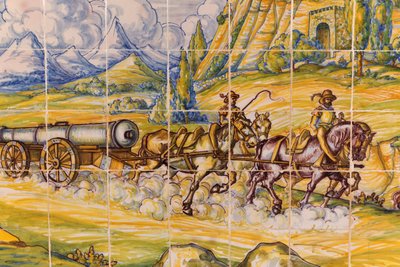 Segovia, Segovian maakunta, Espanja. Moderni keraaminen laattamaalaus 1500-luvun tykistökappaleesta, jota hevoset piirtävät. (kuva) tekijältä Unbekannt