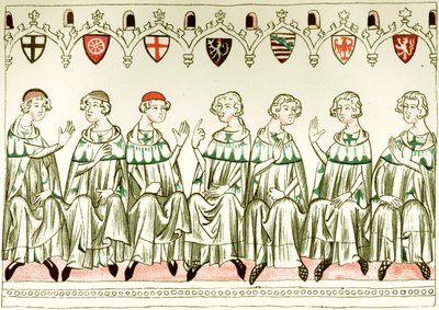 Seitsemän prinssin vaaliruhtinasta äänestää Henry VII:n, Pyhän Rooman keisarin, puolesta Kopio Balduineumin pienoismallista, 1341 tekijältä Unbekannt