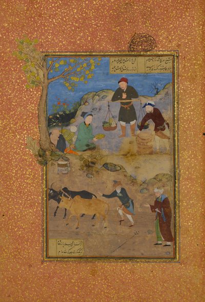 Shaikh Mahneh ja kyläläinen, Folio 49r Mantiq al-tairin lintujen kielestä, 1487. tekijältä Unbekannt