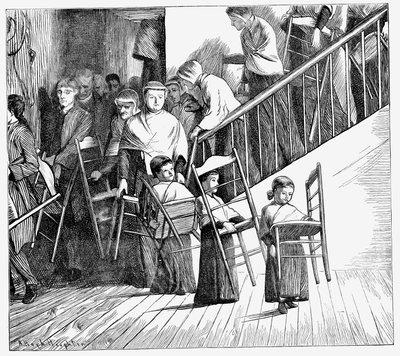 Shaker-yhteisö illalliselle, jokaisella oma Shaker-tuolinsa, New Yorkin osavaltio, 1870 tekijältä Unbekannt