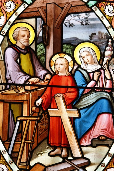 La Saletten Neitsyt Marian pyhäkkö Lasimaalaus Jeesus isänsä työpajassa, La Salette, Ranska tekijältä Unbekannt