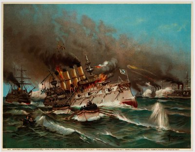 Venäläisen risteilijän Varyagin uppoaminen Chemulpo Bayn taistelussa 1904 tekijältä Unbekannt