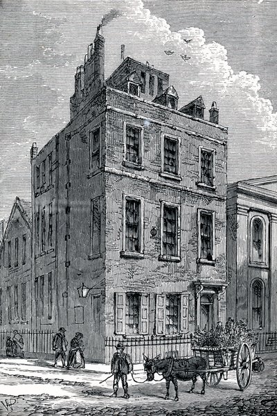 Sir Isaac Newtonin talo Orange ja St Martins Streetin kulmassa Lontoossa, vuodelta 1880 tekijältä Unbekannt