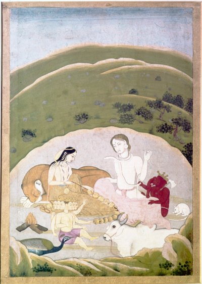 Siva ja Parvati lastensa kanssa, Ganesh ja Karttikgya Kailash-vuorella, c1745 tekijältä Unbekannt