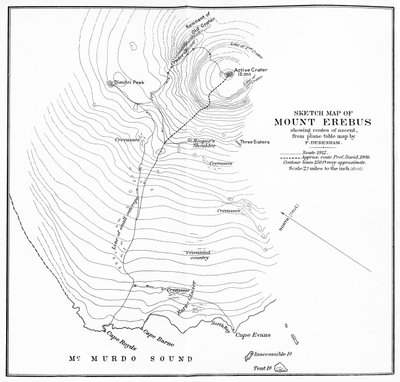 Luonnoskartta Erebus-vuoresta, joka näyttää nousureitit, c1912, 1913 tekijältä Unbekannt