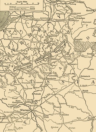 Luonnoskartta havainnollistamaan Saksan hyökkäystä Varsovan pohjoispuolella helmikuussa 1915, vuonna 1920. tekijältä Unbekannt