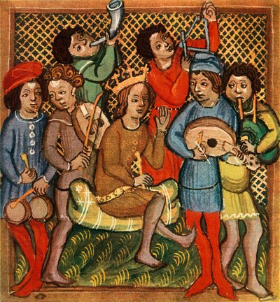 Pienet rummut, viulu, käyrätorvi, kolmioluutto ja säkkipilli, Olomoucin raamattu, 1417, 1948 tekijältä Unbekannt