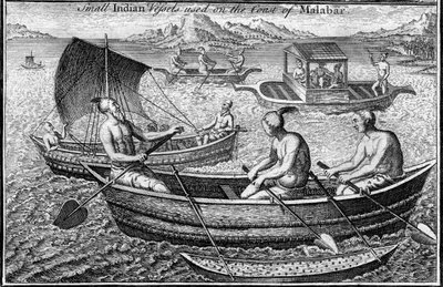 Pieni alus, jota käytettiin Malabar Cochinin rannikolla Intiassa, 1700-luvulla tekijältä Unbekannt